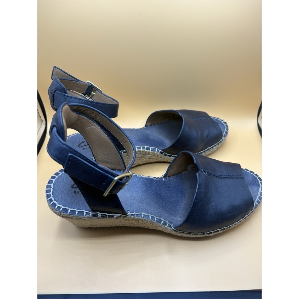 Clarks Petrina Selma Navy Leather Wedge Ankle Strap Espadrille Sandals Sz 9